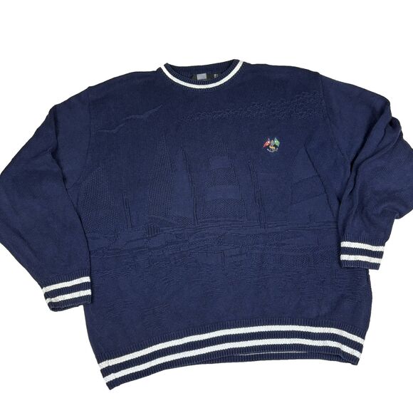 Vintage 90s Sweater L Navy Knit Sailboat Nautical Jacquard USA Made Preppy - Picture 2 of 6